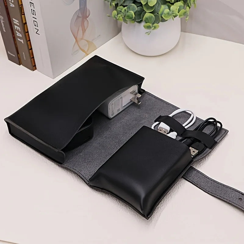 1 organizador multicompartimento de cuero sintético PU - Estuche portátil para accesorios escolares y tecnológicos para cables, cargadores y bolígrafos - Almacenamiento de viaje duradero