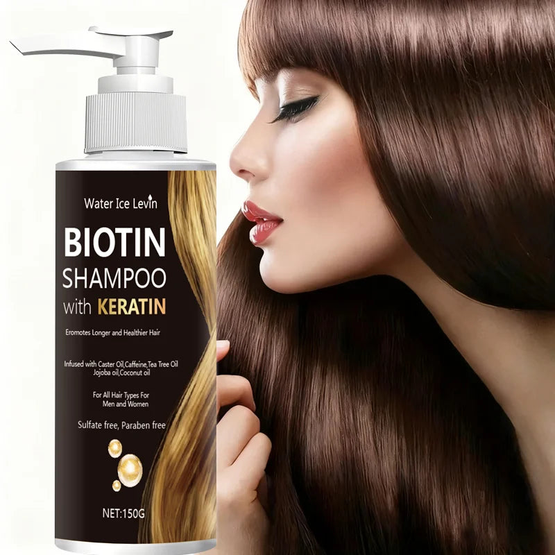 Champú Water Ice Levin con biotina y queratina, sin sulfatos ni parabenos, con aceites nutritivos, para un cabello más largo y saludable, apto para todo tipo de cabello.