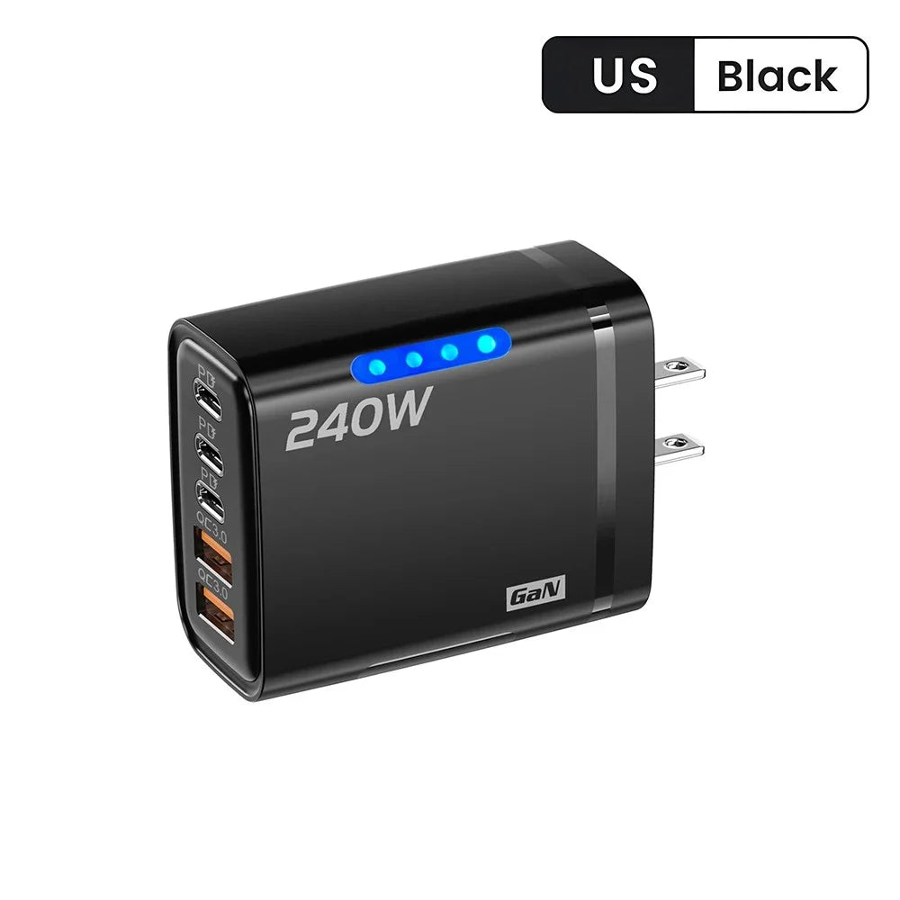 Cargador USB C GaN de 240 W, 5 en 1, cargador de teléfono de carga rápida, adaptador de corriente para iPhone, Samsung, Xiaomi, tipo C, enchufe UE/EE. UU.