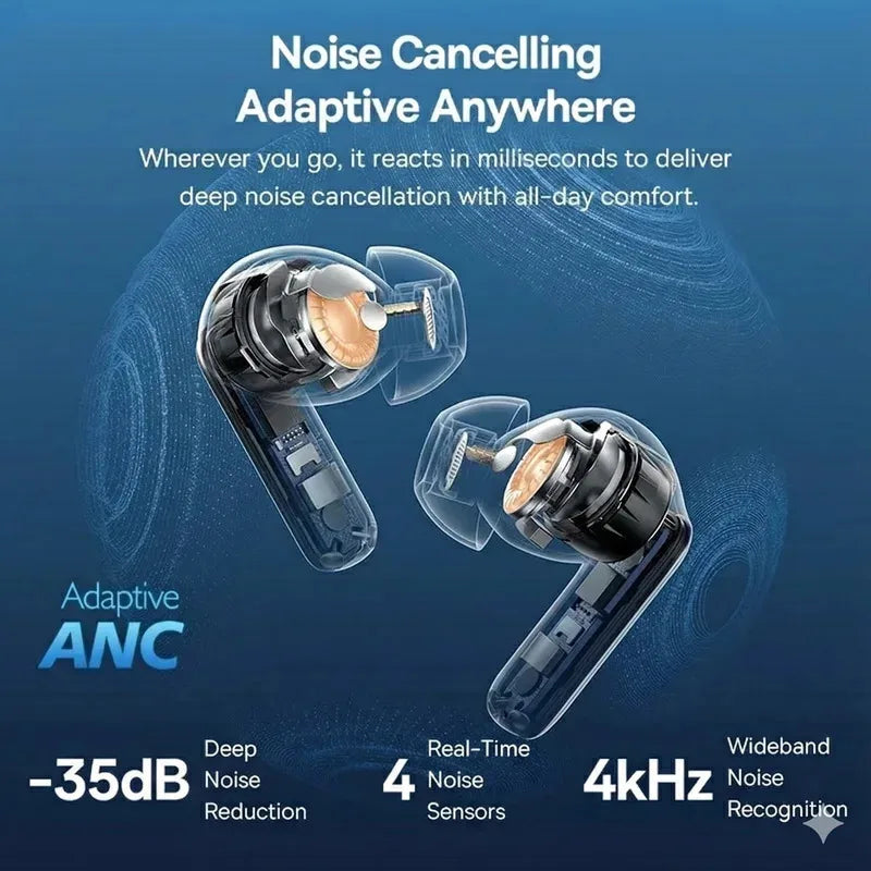 Auriculares inalámbricos con cancelación activa de ruido, sonido envolvente, latencia ultrabaja y carga inalámbrica sin esfuerzo para correr en el gimnasio.